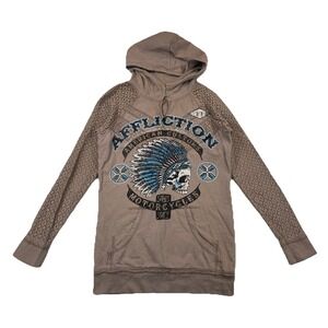 Affliction Woman's Small Hoodie Bejeweled  Brown Skull Lace Sleeves USA